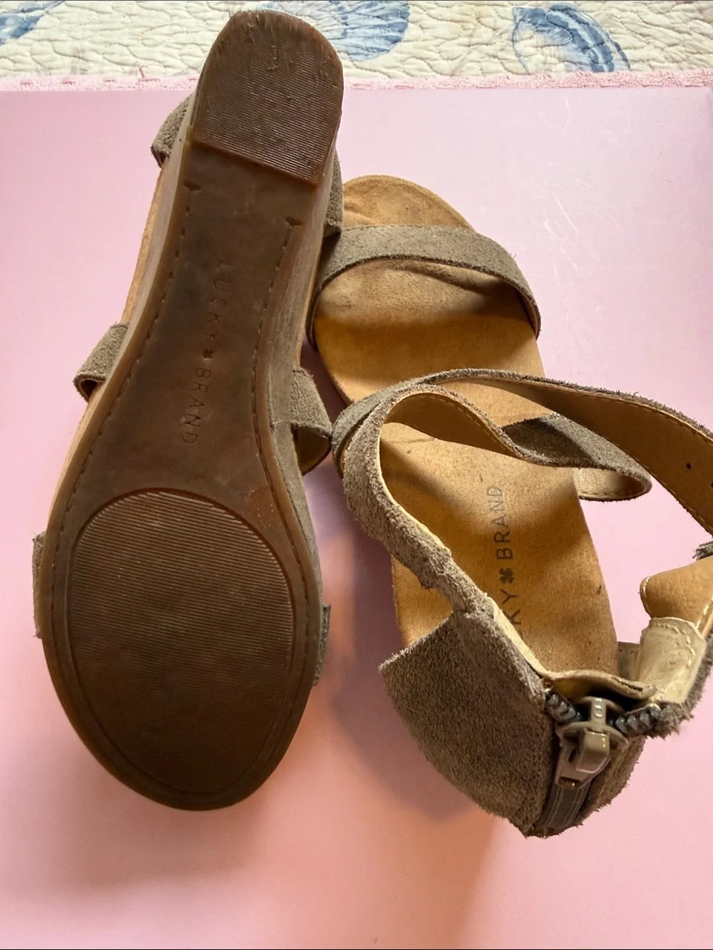 Lucky Brand Taupe Suede Wedge Sandals with Ankle Strap